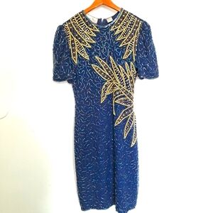 Vintage Silk Beads Pearls Dress Laurence Kazar Party EUC Blue Gold Size Small